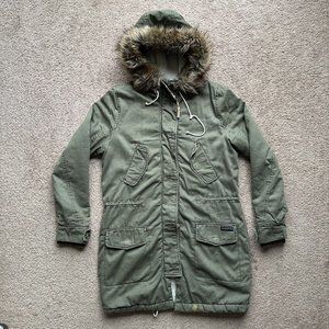 Abercrombie Fitch Jacket Womens Medium *Stain* Full Zip Faux Fur Hood Lined